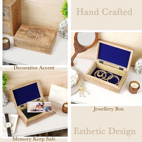 Ajuny Wooden Handcarved Decorative Jewelry Storage Box with Center Tree Carvings Multipurpose Treasure Chest Keepsake Travel Organizer Trinket Holder Boxes Gifts 10X6 Inch in Kuwait