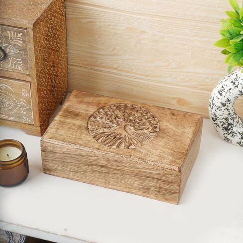 Ajuny Wooden Handcarved Decorative Jewelry Storage Box with Center Tree Carvings Multipurpose Treasure Chest Keepsake Travel Organizer Trinket Holder Boxes Gifts 10X6 Inch in Kuwait