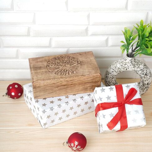 Ajuny Wooden Handcarved Decorative Jewelry Storage Box with Center Tree Carvings Multipurpose Treasure Chest Keepsake Travel Organizer Trinket Holder Boxes Gifts 10X6 Inch in Kuwait