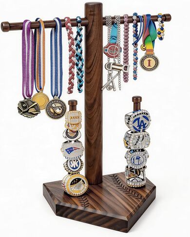 Walnut Baseball Ring Holder Wooden Baseball Softball Drip Necklace & Championship Ring Holder, Softball Jewelry Organizer Display, Solid Wood Baseball Necklace Holder Gift - 3 Rods + 1 in Saudi Arabia