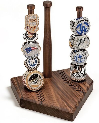 Walnut Baseball Ring Holder Wooden Baseball Softball Drip Necklace & Championship Ring Holder, Softball Jewelry Organizer Display, Solid Wood Baseball Necklace Holder Gift - 3 Rods + 1 in Saudi Arabia