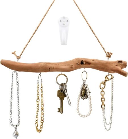 15Inch Driftwood Wall Hanging Jewelry Organizer - Rustic Wood Tree-Shaped Wall Decor with 5 Hooks for Rustic, Boho & Farmhouse Home in Saudi Arabia