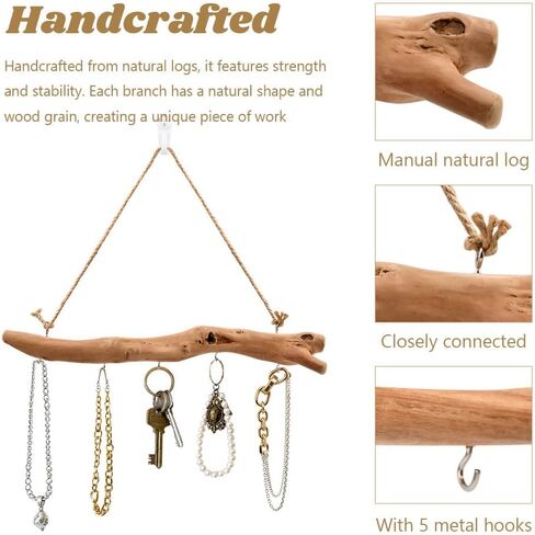 15Inch Driftwood Wall Hanging Jewelry Organizer - Rustic Wood Tree-Shaped Wall Decor with 5 Hooks for Rustic, Boho & Farmhouse Home in Saudi Arabia