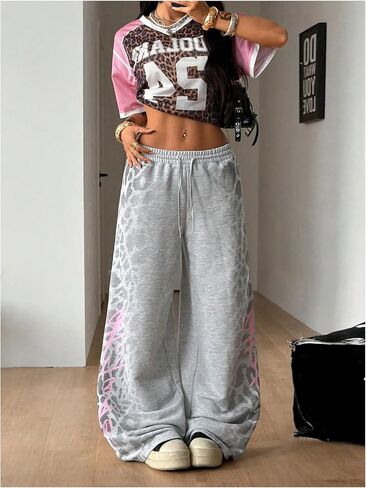 Verdusa Women's Leopard Wide Leg Sweatpants Y2K Low Rise Baggy Pants Athletic Fitness Clothing in Kuwait