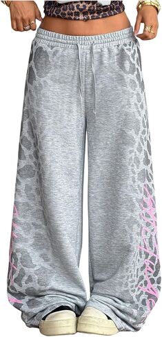 Verdusa Women's Leopard Wide Leg Sweatpants Y2K Low Rise Baggy Pants Athletic Fitness Clothing in Kuwait