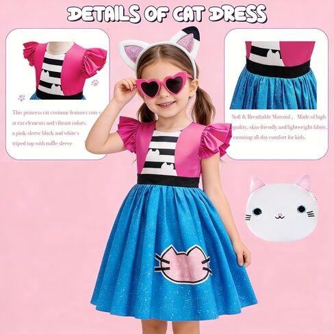 Princess Cat Costume for Girls Dollhouse Adventure Dress with Headband Kids Halloween Birthday Party Cosplay 3-8Y in Saudi Arabia