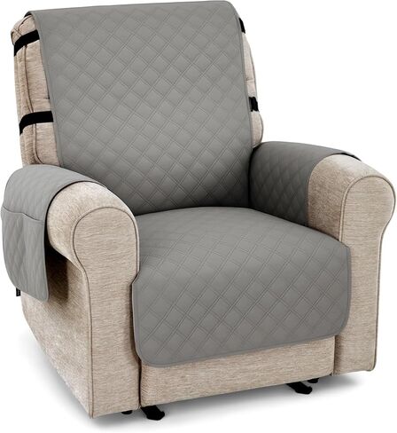 MCombo Waterproof Recliner Chair Cover, Velvet Non Slip Recliner Cover with Cup Holder Access and Pockets, Washable Furniture Protector Recliner Slipcover for Pets and Kids (Light Grey, 28") in Saudi Arabia