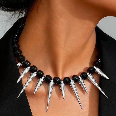 Goth Punk Costume Accessories Jewelry Set for Women Black Beads with Silver Spike Drop Dangly Earrings Necklace Vintage Gothic Halloween Choker Hoops in Saudi Arabia
