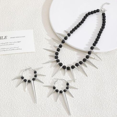 Goth Punk Costume Accessories Jewelry Set for Women Black Beads with Silver Spike Drop Dangly Earrings Necklace Vintage Gothic Halloween Choker Hoops in Saudi Arabia