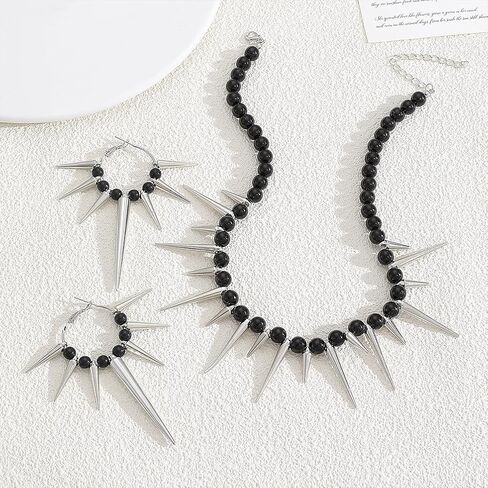 Goth Punk Costume Accessories Jewelry Set for Women Black Beads with Silver Spike Drop Dangly Earrings Necklace Vintage Gothic Halloween Choker Hoops in Saudi Arabia