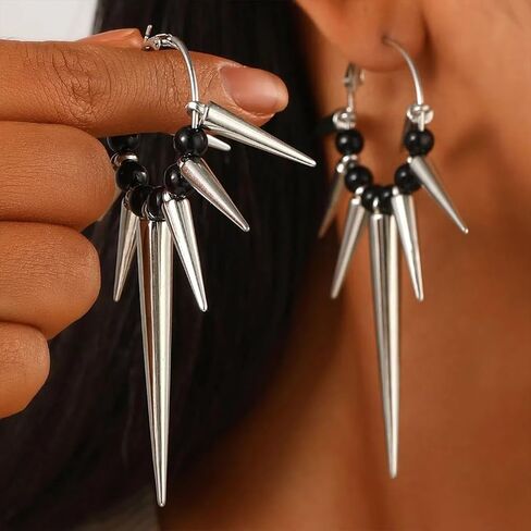 Goth Punk Costume Accessories Jewelry Set for Women Black Beads with Silver Spike Drop Dangly Earrings Necklace Vintage Gothic Halloween Choker Hoops in Saudi Arabia