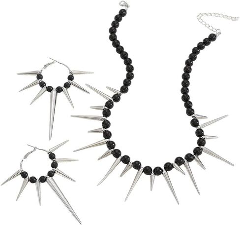 Goth Punk Costume Accessories Jewelry Set for Women Black Beads with Silver Spike Drop Dangly Earrings Necklace Vintage Gothic Halloween Choker Hoops in Saudi Arabia