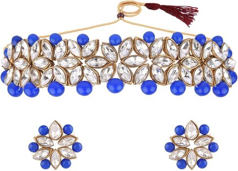 Efulgenz Faux Pearl Choker Indian Jewelry Sets for Women Crystal Kundan Pearl Necklace Set Beaded Faux Pearl Necklace Earrings Bollywood Fashion Jewelry Wedding Bridal Jewelry Set in Kuwait