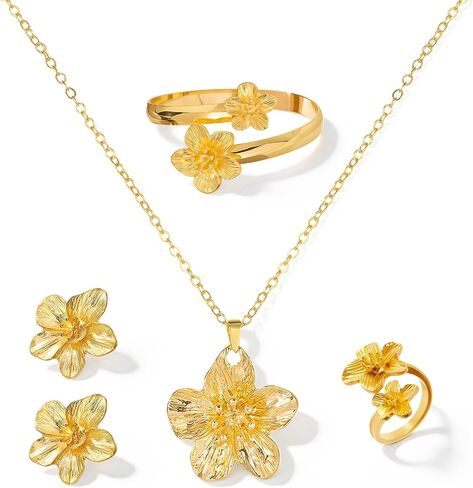 Gold Flower Jewelry Set for Women, Dainty Gold Flower Necklace, Boho Statement Flower Earrings for Women, Floral Jewelry Gifts in Saudi Arabia