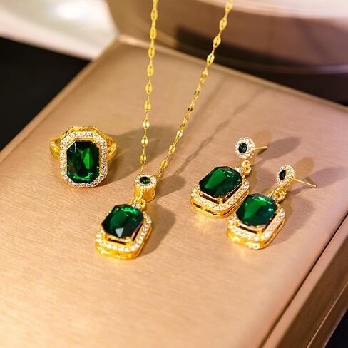 Women Jewelry Set Rhinestone Zircon Emerald Pendant Necklaces & Earrings Set Titanium Steel Created Elegant Luxury Gift for Valentine's Day, Wedding, Party in Kuwait