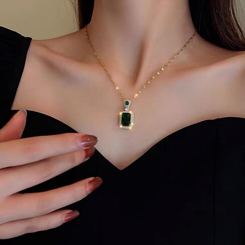Women Jewelry Set Rhinestone Zircon Emerald Pendant Necklaces & Earrings Set Titanium Steel Created Elegant Luxury Gift for Valentine's Day, Wedding, Party in Saudi Arabia