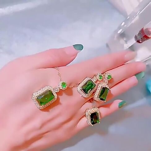 Women Jewelry Set Rhinestone Zircon Emerald Pendant Necklaces & Earrings Set Titanium Steel Created Elegant Luxury Gift for Valentine's Day, Wedding, Party in Saudi Arabia