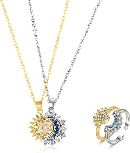 Matching Sun Moon Necklace Ring Set for 2 Sparkly Rhinestone Gold Silver Sun Pendant Necklace Adjustable Sun-Moon Open Ring Matching Couples Jewelry Valentine Gifts for BF GF in Saudi Arabia