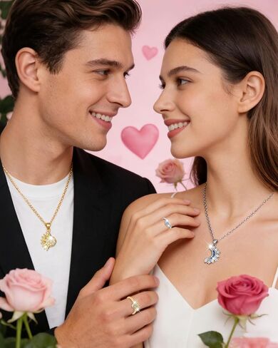 Matching Sun Moon Necklace Ring Set for 2 Sparkly Rhinestone Gold Silver Sun Pendant Necklace Adjustable Sun-Moon Open Ring Matching Couples Jewelry Valentine Gifts for BF GF in Saudi Arabia