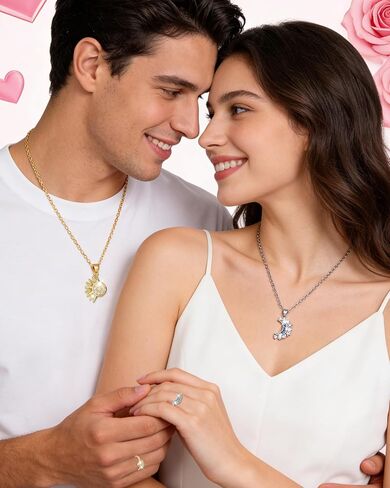 Matching Sun Moon Necklace Ring Set for 2 Sparkly Rhinestone Gold Silver Sun Pendant Necklace Adjustable Sun-Moon Open Ring Matching Couples Jewelry Valentine Gifts for BF GF in Saudi Arabia