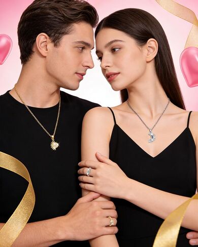 Matching Sun Moon Necklace Ring Set for 2 Sparkly Rhinestone Gold Silver Sun Pendant Necklace Adjustable Sun-Moon Open Ring Matching Couples Jewelry Valentine Gifts for BF GF in Saudi Arabia