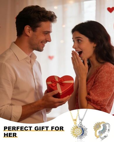 Matching Sun Moon Necklace Ring Set for 2 Sparkly Rhinestone Gold Silver Sun Pendant Necklace Adjustable Sun-Moon Open Ring Matching Couples Jewelry Valentine Gifts for BF GF in Saudi Arabia