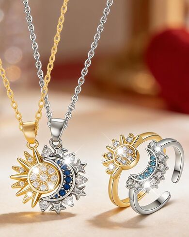 Matching Sun Moon Necklace Ring Set for 2 Sparkly Rhinestone Gold Silver Sun Pendant Necklace Adjustable Sun-Moon Open Ring Matching Couples Jewelry Valentine Gifts for BF GF in Saudi Arabia