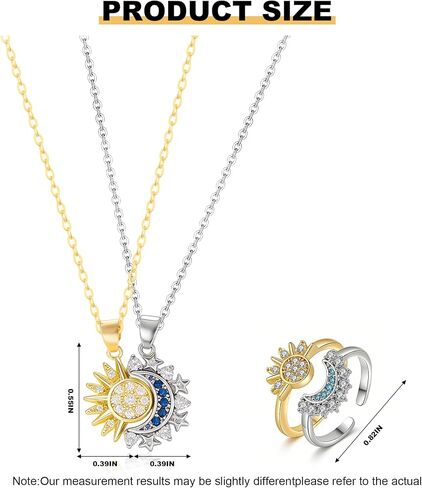 Matching Sun Moon Necklace Ring Set for 2 Sparkly Rhinestone Gold Silver Sun Pendant Necklace Adjustable Sun-Moon Open Ring Matching Couples Jewelry Valentine Gifts for BF GF in Saudi Arabia