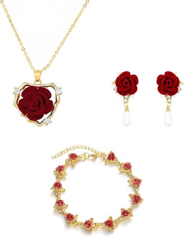 3 Pcs Red Rose Jewelry Set for Women Trendy Dainty Rose Flower Pendant Necklace Vintage Red Flower Bracelet Dangle Earrings Wedding Valentine's Day Jewelry in Kuwait