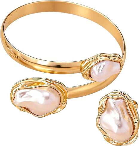 Vintage Irregular Pearl Bracelet Ring Set for Women, Chunky Cuff White Gold Matching Jewelry, Prom Fashion Accessories in Saudi Arabia