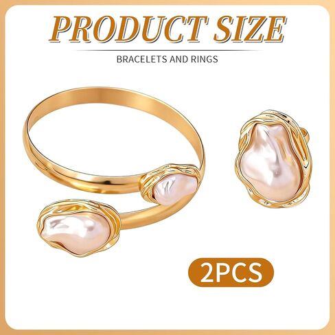 Vintage Irregular Pearl Bracelet Ring Set for Women, Chunky Cuff White Gold Matching Jewelry, Prom Fashion Accessories in Saudi Arabia