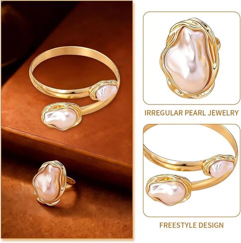 Vintage Irregular Pearl Bracelet Ring Set for Women, Chunky Cuff White Gold Matching Jewelry, Prom Fashion Accessories in Saudi Arabia