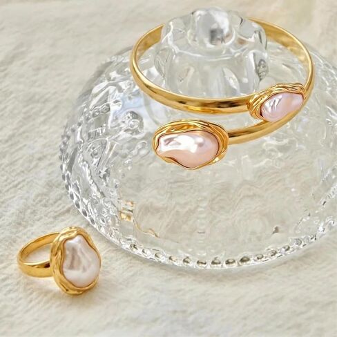 Vintage Irregular Pearl Bracelet Ring Set for Women, Chunky Cuff White Gold Matching Jewelry, Prom Fashion Accessories in Saudi Arabia