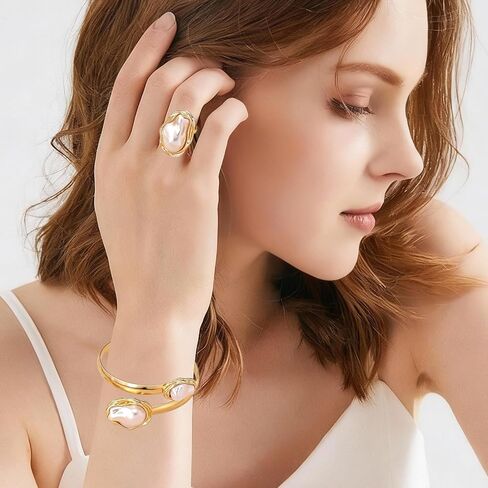 Vintage Irregular Pearl Bracelet Ring Set for Women, Chunky Cuff White Gold Matching Jewelry, Prom Fashion Accessories in Saudi Arabia
