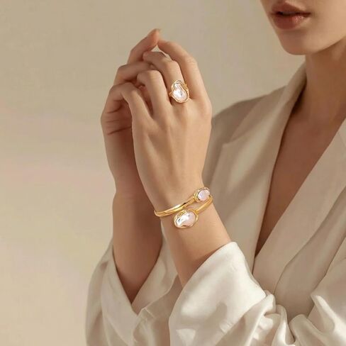 Vintage Irregular Pearl Bracelet Ring Set for Women, Chunky Cuff White Gold Matching Jewelry, Prom Fashion Accessories in Saudi Arabia