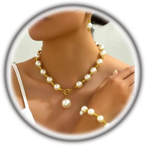 Chunky Big Pearl Bracelet Jewelry Sets for Women,Fashionable White Pearls OT Buckle Choker Necklace,Aesthetic Valentine's Day Jewelry Accessories Gift in Saudi Arabia