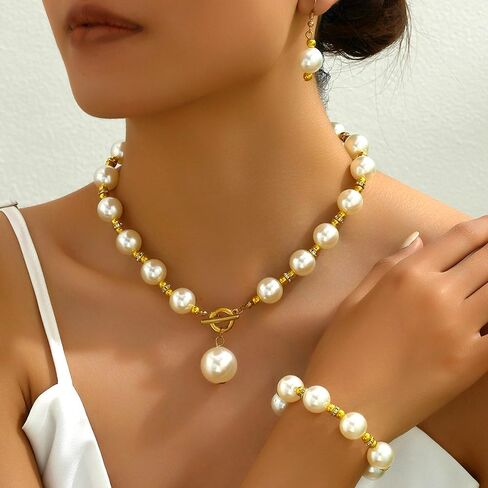 Chunky Big Pearl Bracelet Jewelry Sets for Women,Fashionable White Pearls OT Buckle Choker Necklace,Aesthetic Valentine's Day Jewelry Accessories Gift in Saudi Arabia