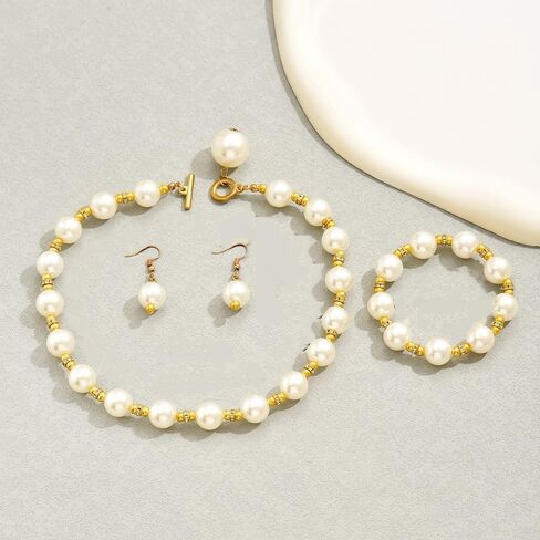 Chunky Big Pearl Bracelet Jewelry Sets for Women,Fashionable White Pearls OT Buckle Choker Necklace,Aesthetic Valentine's Day Jewelry Accessories Gift in Saudi Arabia