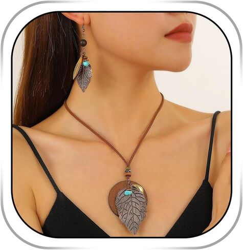 Boho Necklace and Earring Vintage Leaf Necklace Set for Women Leather Turquoise Wooden Jewelry Set for Cowgirl in Kuwait