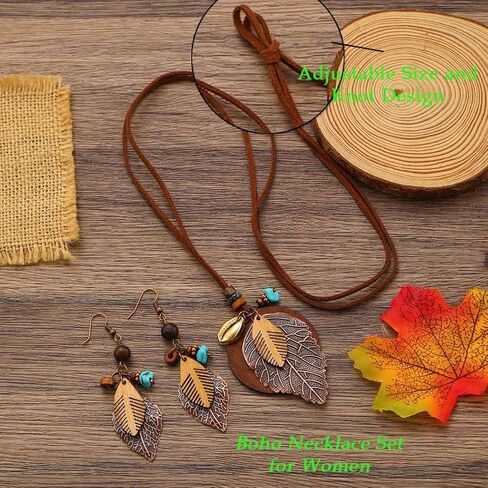 Boho Necklace and Earring Vintage Leaf Necklace Set for Women Leather Turquoise Wooden Jewelry Set for Cowgirl in Kuwait