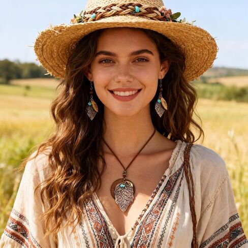 Boho Necklace and Earring Vintage Leaf Necklace Set for Women Leather Turquoise Wooden Jewelry Set for Cowgirl in Kuwait