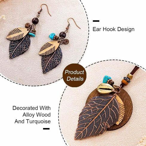 Boho Necklace and Earring Vintage Leaf Necklace Set for Women Leather Turquoise Wooden Jewelry Set for Cowgirl in Kuwait