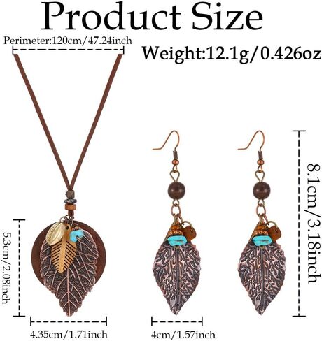 Boho Necklace and Earring Vintage Leaf Necklace Set for Women Leather Turquoise Wooden Jewelry Set for Cowgirl in Kuwait