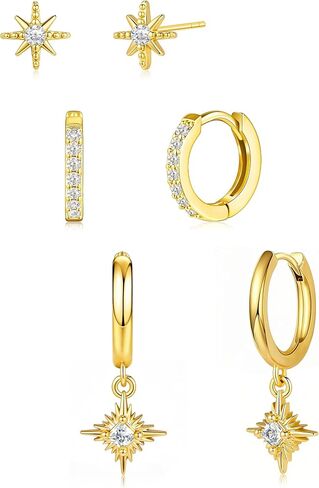 Small Gold Earring Set for Women, 3 Pairs Dainty 14K Plated Hoops, Includes Studs, Huggies and Dangle Styles, Hypoallergenic Lightweight Stackable Earrings for Multiple Piercings and Cartilage in Saudi Arabia