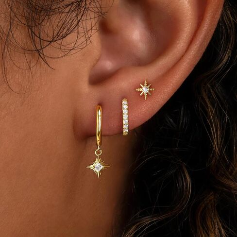 Small Gold Earring Set for Women, 3 Pairs Dainty 14K Plated Hoops, Includes Studs, Huggies and Dangle Styles, Hypoallergenic Lightweight Stackable Earrings for Multiple Piercings and Cartilage in Saudi Arabia