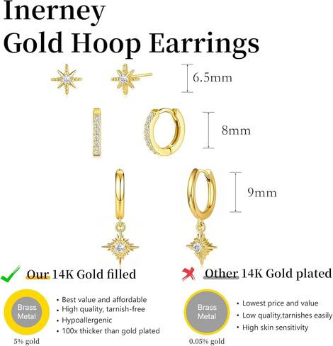Small Gold Earring Set for Women, 3 Pairs Dainty 14K Plated Hoops, Includes Studs, Huggies and Dangle Styles, Hypoallergenic Lightweight Stackable Earrings for Multiple Piercings and Cartilage in Saudi Arabia