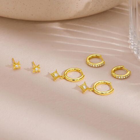 Small Gold Earring Set for Women, 3 Pairs Dainty 14K Plated Hoops, Includes Studs, Huggies and Dangle Styles, Hypoallergenic Lightweight Stackable Earrings for Multiple Piercings and Cartilage in Saudi Arabia