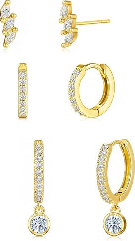 Small Gold Earring Set for Women, 3 Pairs Dainty 14K Plated Hoops, Includes Studs, Huggies and Dangle Styles, Hypoallergenic Lightweight Stackable Earrings for Multiple Piercings and Cartilage in Saudi Arabia