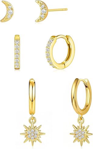 Small Gold Earring Set for Women, 3 Pairs Dainty 14K Plated Hoops, Includes Studs, Huggies and Dangle Styles, Hypoallergenic Lightweight Stackable Earrings for Multiple Piercings and Cartilage in Saudi Arabia