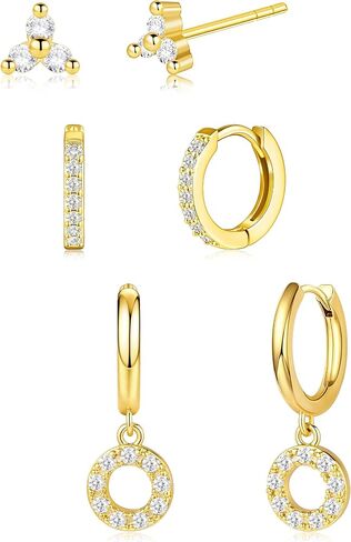 Small Gold Earring Set for Women, 3 Pairs Dainty 14K Plated Hoops, Includes Studs, Huggies and Dangle Styles, Hypoallergenic Lightweight Stackable Earrings for Multiple Piercings and Cartilage in Saudi Arabia